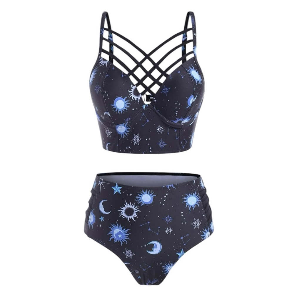 JMSUN cosmic underwire Sun Star Moon Lattice High Waisted bikini Swimsuit